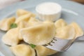 Delicious dumpling (varenyk) with cottage cheese on fork over plate, closeup