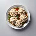 Delicious dumplings on a plate. Gray background. Top view. Royalty Free Stock Photo
