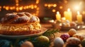 Delicious Easter Bread with Colorful Eggs and Candles Royalty Free Stock Photo