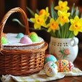 Delicious Easter cake in a basket, colorful eggs and yellow daffodils flowers