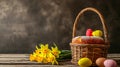 Delicious Easter cake in a basket, colorful eggs and yellow daffodils flowers