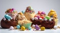 Delicious Easter cakes and eggs on white background, generative ai