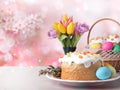 Delicious Easter cakes and painted eggs on light grey table outdoors. Space for text Royalty Free Stock Photo