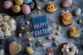 Delicious Easter Treats and Pastries on Dark Table with Happy Easter Card and Pastel Decorations
