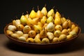 Delicious eco organic golden pear fruits in big bow on wooden table