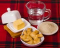 Delicious ecuadorian pristinos piled up in bowl, traditional andean pastry, cheese platter and coffee cup sitting