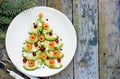 Delicious edible Christmas tree from avocado slices, salty salmon, cranberry and boiled egg stars Royalty Free Stock Photo