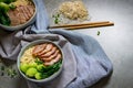 Delicious egg noodle with red pork and vegetable in bowl Royalty Free Stock Photo