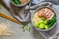Delicious egg noodle with red pork and vegetable in bowl Royalty Free Stock Photo