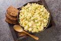 Delicious egg salad with apples and pickles seasoned with sauce close-up in a bowl. Horizontal top view