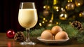 Delicious eggnog with cinnamon and nutmeg for winter holidays. Christmas traditional eggnog in glass. Drink Recipe