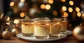 Delicious eggnog with cinnamon and nutmeg for the winter holidays. Traditional drink in glass, Christmas atmosphere.