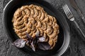 Delicious eggplant salad on a large plate, dark background, top view. Healthy vegan food, clean eating Royalty Free Stock Photo