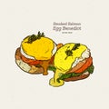 A delicious eggs benedict with smoked salmon, hollandaise sauce, hand draw sketch vector