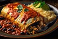 Delicious enchilada on plate with rice beans and peppers