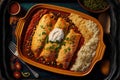 Delicious enchilada on plate with rice beans and peppers