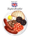 Delicious English breakfast. View from above. Illustration watercolor