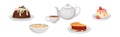 Delicious English Dish with Pie, Sweet Pudding, Porridge and Tea Vector Set