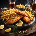 Delicious English Fish and chips, classic dish enjoyed for centuries, cinematic