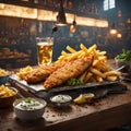 Delicious English Fish and chips, classic dish enjoyed for centuries, cinematic