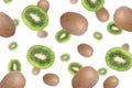 Delicious exotic kiwi fruits flying on white background