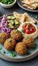 Delicious falafel with hummus, pita, and fresh vegetables on blue plate Royalty Free Stock Photo