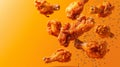 Delicious falling chicken pieces on bright background, food concept for cooking advertisements