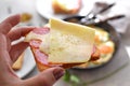 Delicious fast food breakfast. Crispy Toast with cheese and sausage. Sandwich in a white plate Light background. Minimalistic food Royalty Free Stock Photo