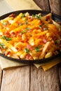 Delicious fast food: French fries with cheddar cheese, bacon and