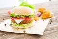 Delicious fast food. Homemade hamburger with lettuce, tomato, cheese and cucumber on a cutting board