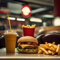 Delicious Fast Food Meal: Hamburger, French Fries, and Refreshing Beverage