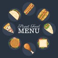 Delicious fast food menu around of lettering Royalty Free Stock Photo