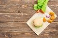 Delicious fast food. Top view bbq hamburger on the wooden background. Royalty Free Stock Photo