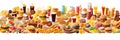 Delicious fast food variety onion rings, sandwich, fried chicken, pizza slice, hamburger