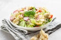 Delicious Fattoush or Arab salad with pita bread, fresh vegetables and basil on white plate. Middle Eastern bread salad