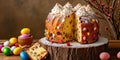 delicious festive Easter panettone with delicious cream on top, on a wooden desk with flowering cherry branches, banner