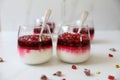 Delicious, festive Malabi: milk pudding dessert, popular in the Mediterranean, topped with pomegranate seed,Juice, pistachios & ro