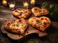 Delicious festive pizzas in the shape of heart, with vegetables, sausage and cheese, on a wooden board