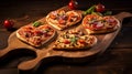 Delicious festive pizzas in the shape of heart, with vegetables, sausage and cheese, on a wooden board