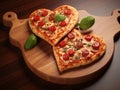 Delicious festive pizzas in the shape of heart, with vegetables, sausage and cheese, on a wooden board