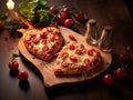 Delicious festive pizzas in the shape of heart, with vegetables, sausage and cheese, on a wooden board