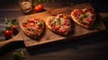 Delicious festive pizzas in the shape of heart, with vegetables, sausage and cheese, on a wooden board