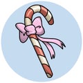 Delicious festive sweet candy with a pink bow, candy cane, vector cartoon illustration