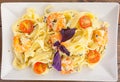 Delicious fettuccine pasta with prawns on white plate Royalty Free Stock Photo