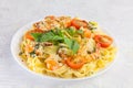 Delicious fettuccine pasta with prawns on white plate Royalty Free Stock Photo
