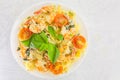 Delicious fettuccine pasta with prawns on white plate Royalty Free Stock Photo