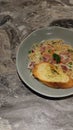 Delicious Fettucini Carbonara With A Slice Of Garlic Bread Royalty Free Stock Photo