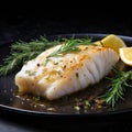 Delicious fillet of marinated grilled or oven baked cod served with herbes and lemon close up view showing the texture