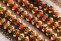 Delicious finger appetizers table at wedding reception. Caviar on bread canapes row top view on table at wedding or christmas