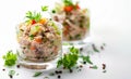 Delicious Finger Food. Italian Tuna Salad in a plastic cup, party snack table. ai